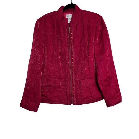 Chico's Blazer Womens 2 Large Red Hooked Neva Linen Blend Full Zip Long Sleeve - Picture 1 of 9